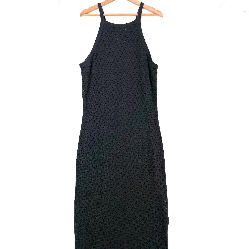 Mable Dress Womens L Black Diamond Pointelle Maxi High Square Neck Slit Fitted